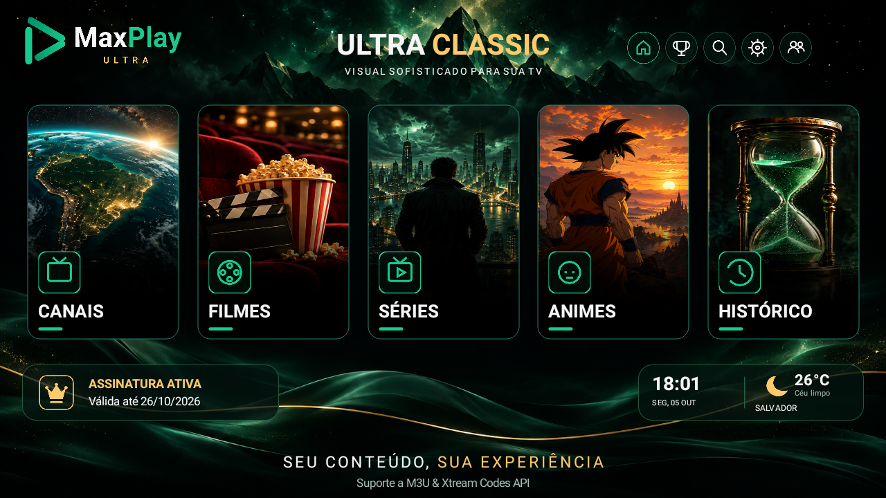 Home real do MaxPlay Ultra, com atalhos para canais, filmes, séries, animes e histórico